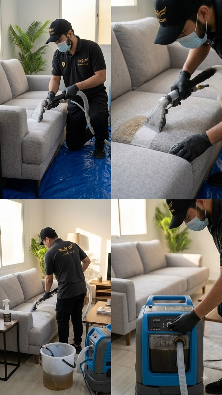 عامل من نيزك أعمال يغسل الكنب بجهاز شفط متخصص